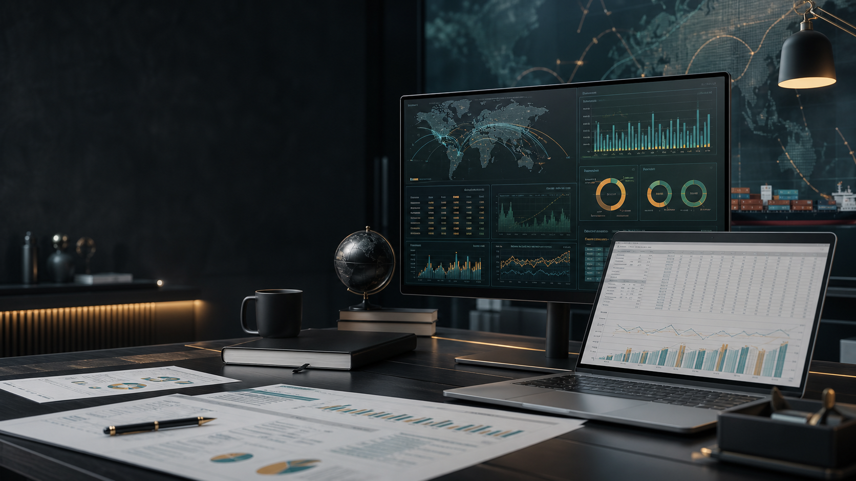 Financial analytics dashboard and logistics route map